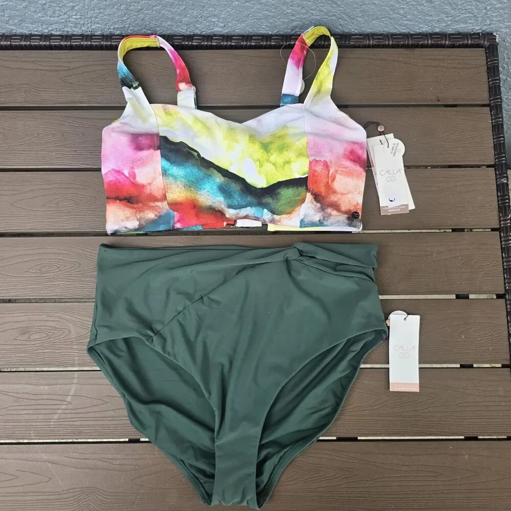 CALIA Women's Power Sculpt Bikini Top & High Rise Twist Bikini Sz XL New *pull